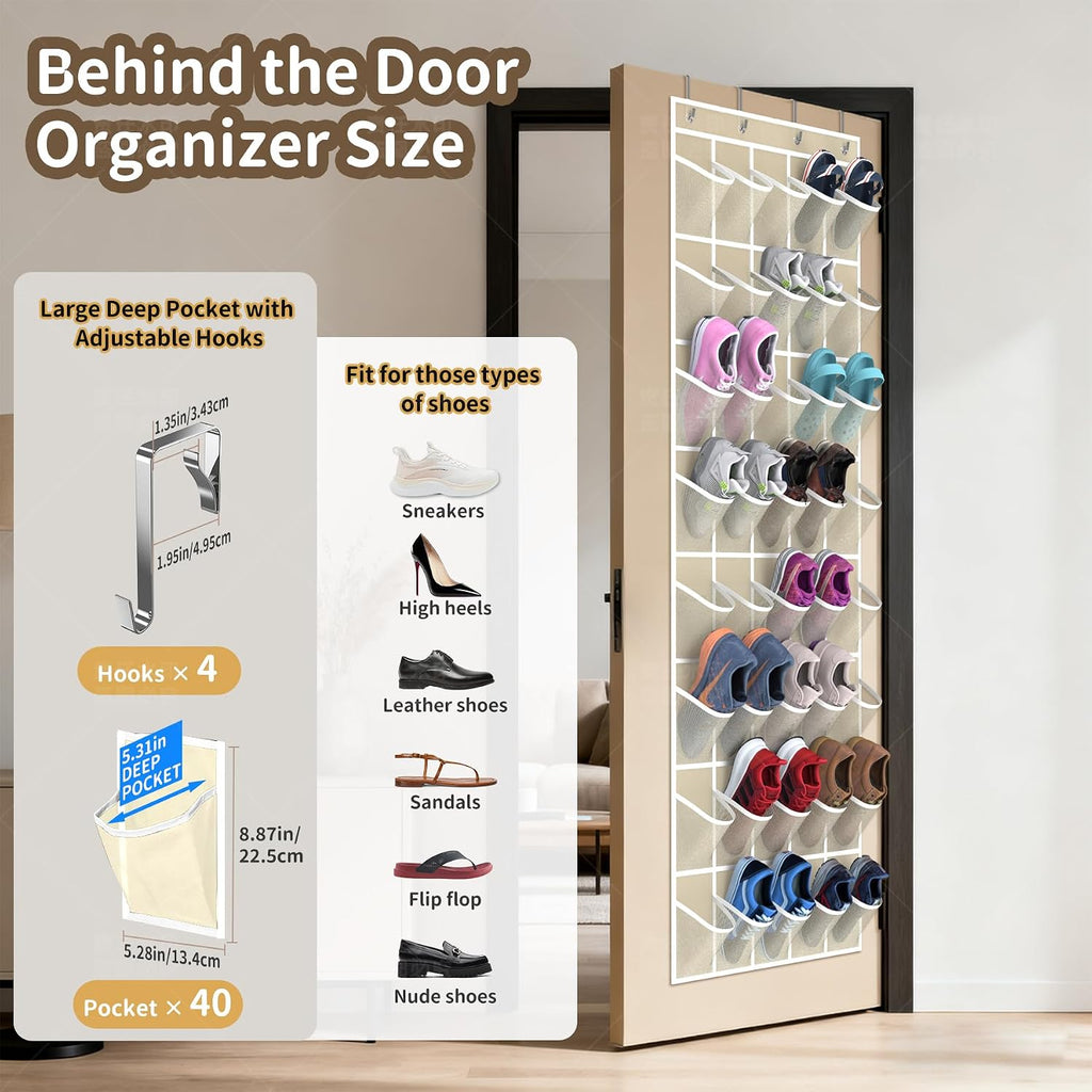 Over the Door Shoe Organizer with 40 Large Pockets, Multi-Purpose Storage for Shoe and Accessories, Durable Fabric with Adjustable Hooks for Home Closet Bedroom Entryway -Beige