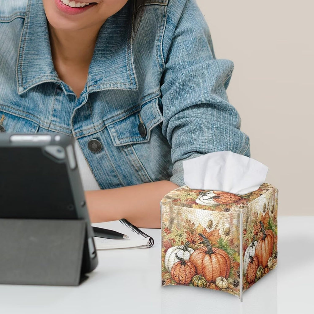 Fall Pumpkin Tissue Box Cover Square Leather Tissue Case Holder