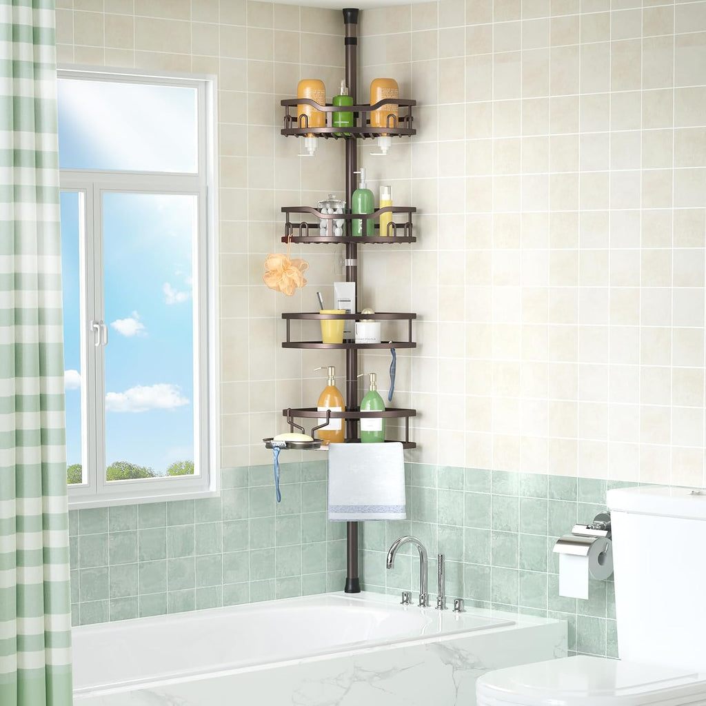 HAMITOR Corner Shower Caddy Tension Pole: Rustproof Stable 4-Tier Bathroom Organizer Shelves for Bathtub Shampoo Storage - 47-121 Inch Quick Install Adjustable Standing Rack with Soap Rack - Bronze