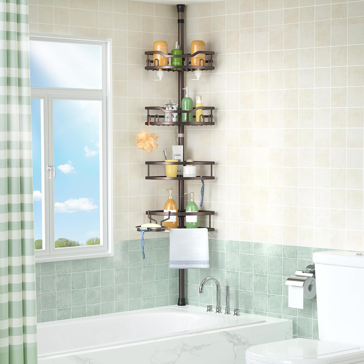 HAMITOR Corner Shower Caddy Tension Pole: Rustproof Stable 4-Tier Bathroom Organizer Shelves for Bathtub Shampoo Storage - 47-121 Inch Quick Install Adjustable Standing Rack with Soap Rack - Bronze