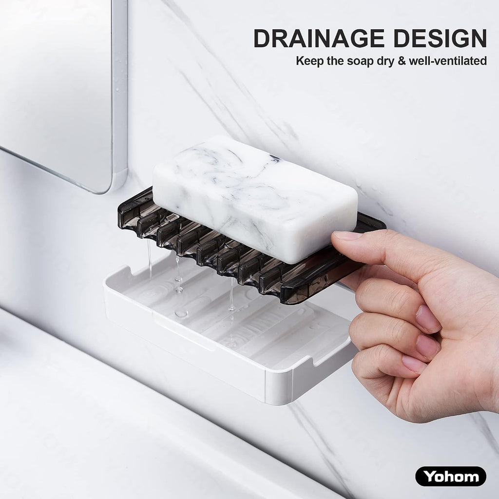 YOHOM Adhesive Bar Soap Holder for Shower Wall Hanging Soap Dish with Drain Tray Plastic Stick on Bathroom Sink Soap Holder 2PCS