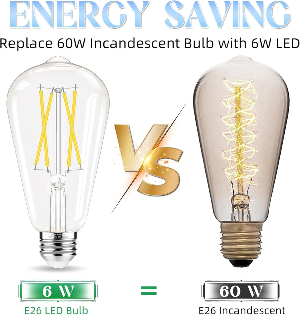 GvvooHome Edison Bulbs E26 LED Bulb 60 watt Equivalent 4000K Daylight White