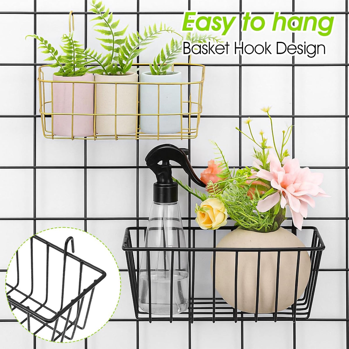 10 PCS Hanging Wire Baskets for Organizing - Hanging Metal Basket Storage with Wall Grid Panel, Rust-Resistant Iron for Kitchen Bathroom Home Decor (Black, 9x3.9x3 Inches)