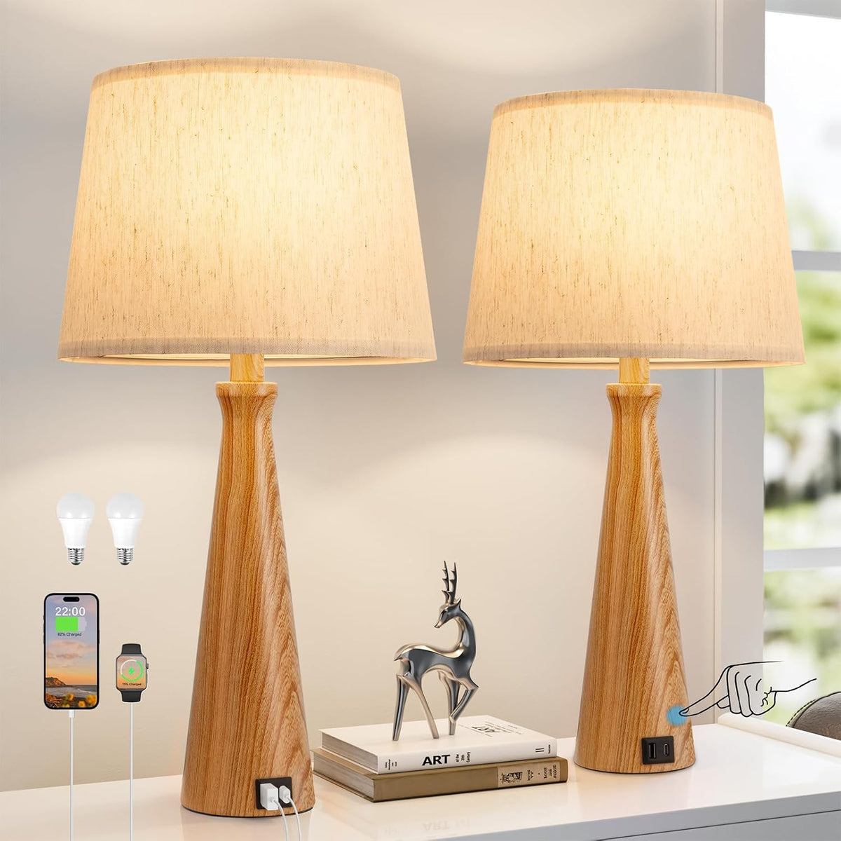 Modern Touch Table Lamps for Living room Set of 2（Imitated Wood Base）