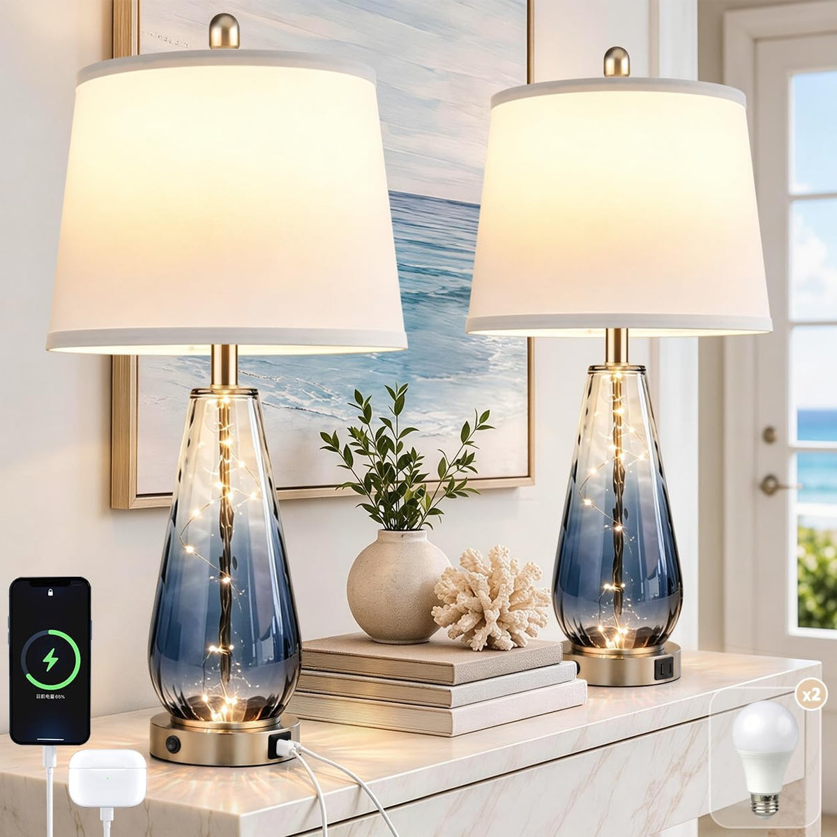 27'' Blue Table Lamps Set of 2, Large Glass Lamps, Modern Coastal Lamps