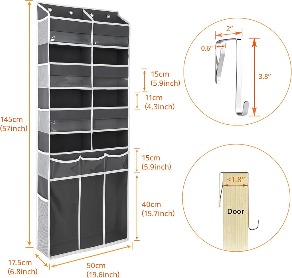 Extra Large Over The Door Organizer with Clear Pockets - 8 Compartments & XL Bottom Storage, Heavy-Duty Hanging Organizer for Bathroom, Bedroom, Closet (57 Inch Height).