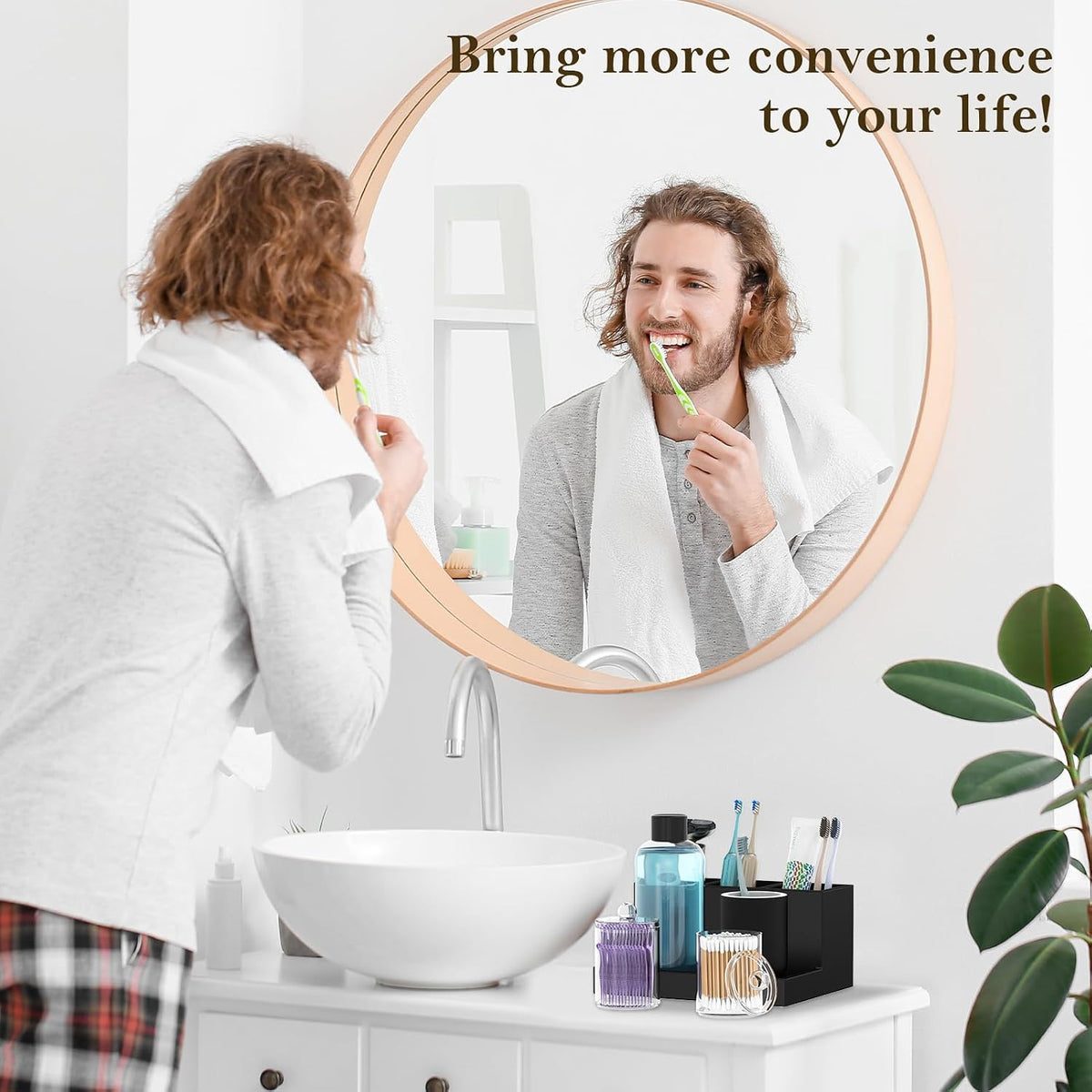 Toothbrush Holder for Bathroom with 2PCS Qtip Holder Dispenser, 3 Slot Bathroom Accessories Holder Floss Cotton Swab Holder Bathroom Vanity Tray for Oral Care Comestic Organizer Counter Storage, Black