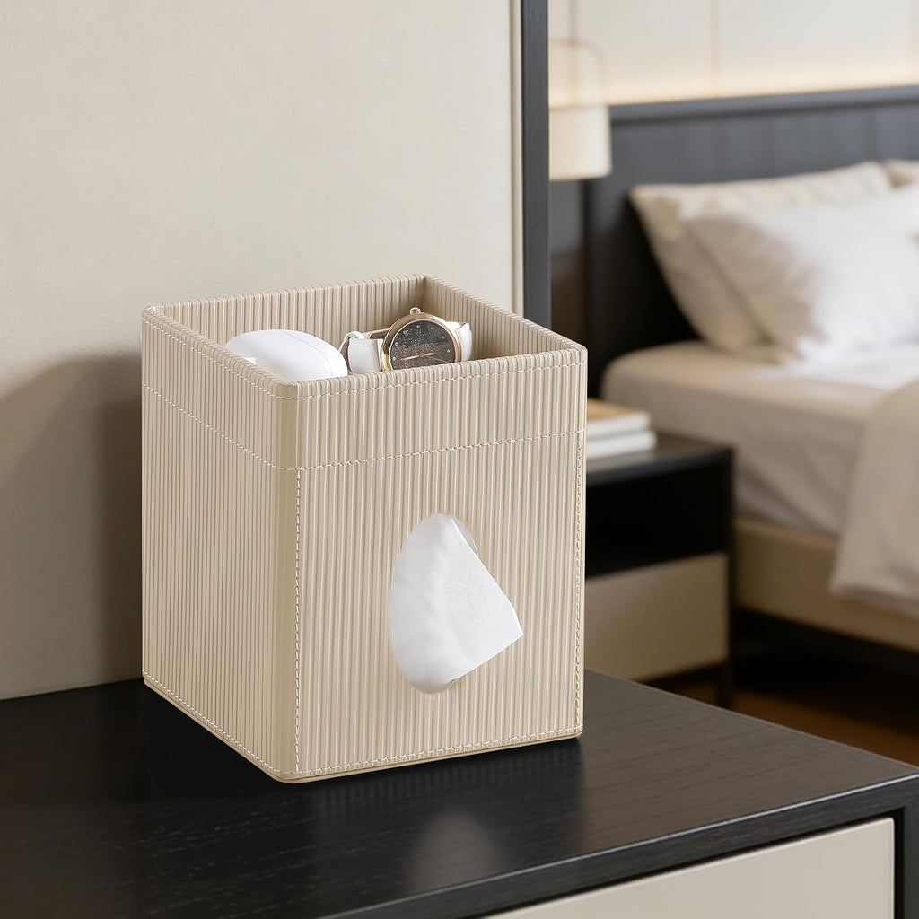 Square Tissue Box Cover with Storage Tray, Tissue Box Organizer, Beige
