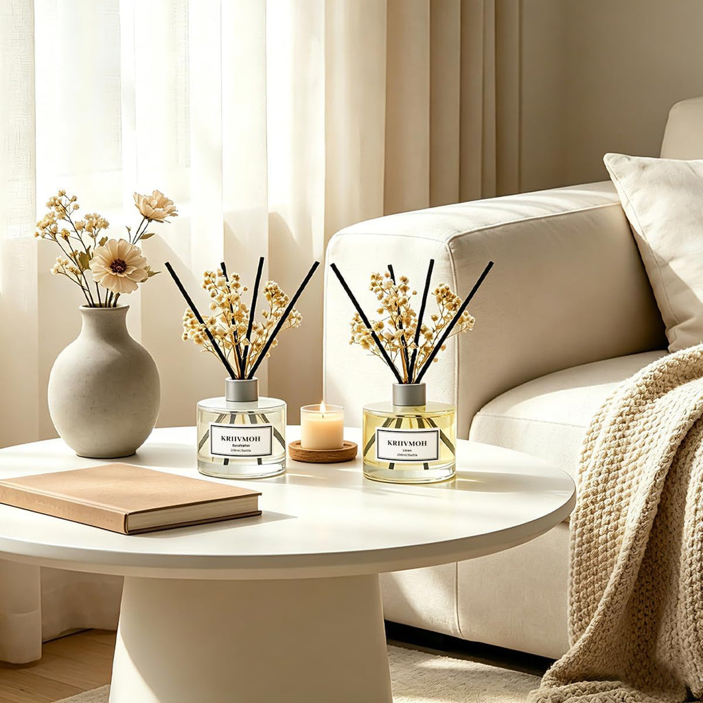Reed Diffuser Set, 6.7 fl oz Eucalyptus Linen Scented Oil Diffuser with 8 Reed Sticks, Home Fragrance Reed Diffuser for Bathroom Shelf Decor 200ml