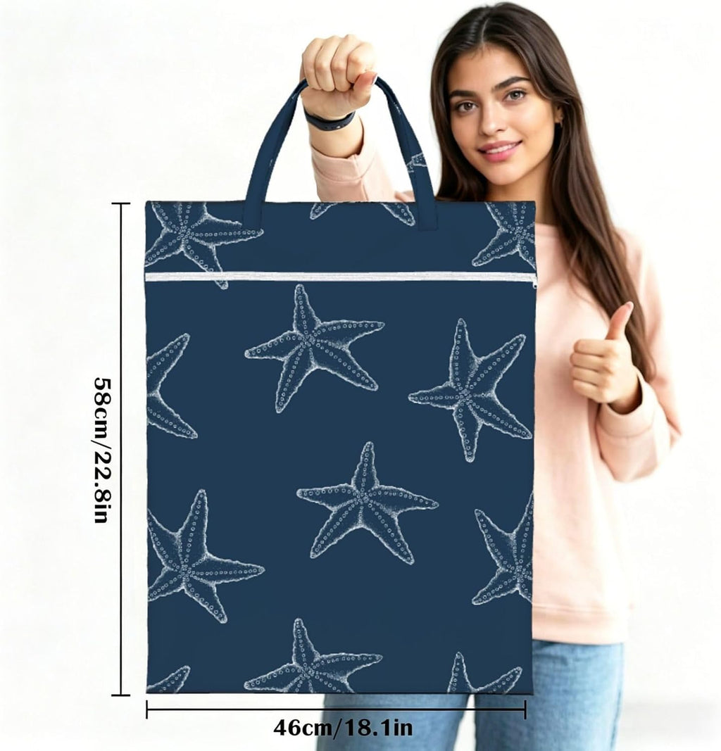 "ocean starfish navy blue beach 2-Pack Travel Laundry Bags for Dirty Clothes- Large Waterproof Laundry Tote, Wet & Dry Use, Reusable Foldable Carry Handles for Vacation, Gym & Dorm"