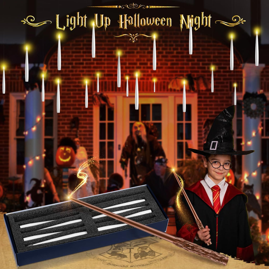 TLPUHU Halloween Floating Candles 18 Pcs - Magical Flameless Candles with Wand Flickering Warm Lights Ideal for Indoor Window Bedroom Halloween Cosplay Birthday Theme Party Decor