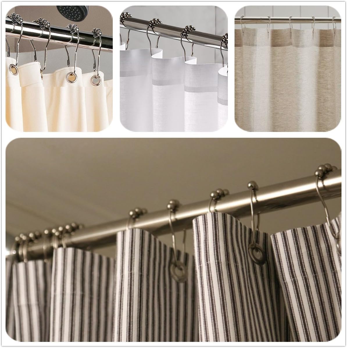 LIHAO 12 Piece Set Rustproof Stainless Steel Shower Curtain Rings Hooks for Bathroom Shower Rod