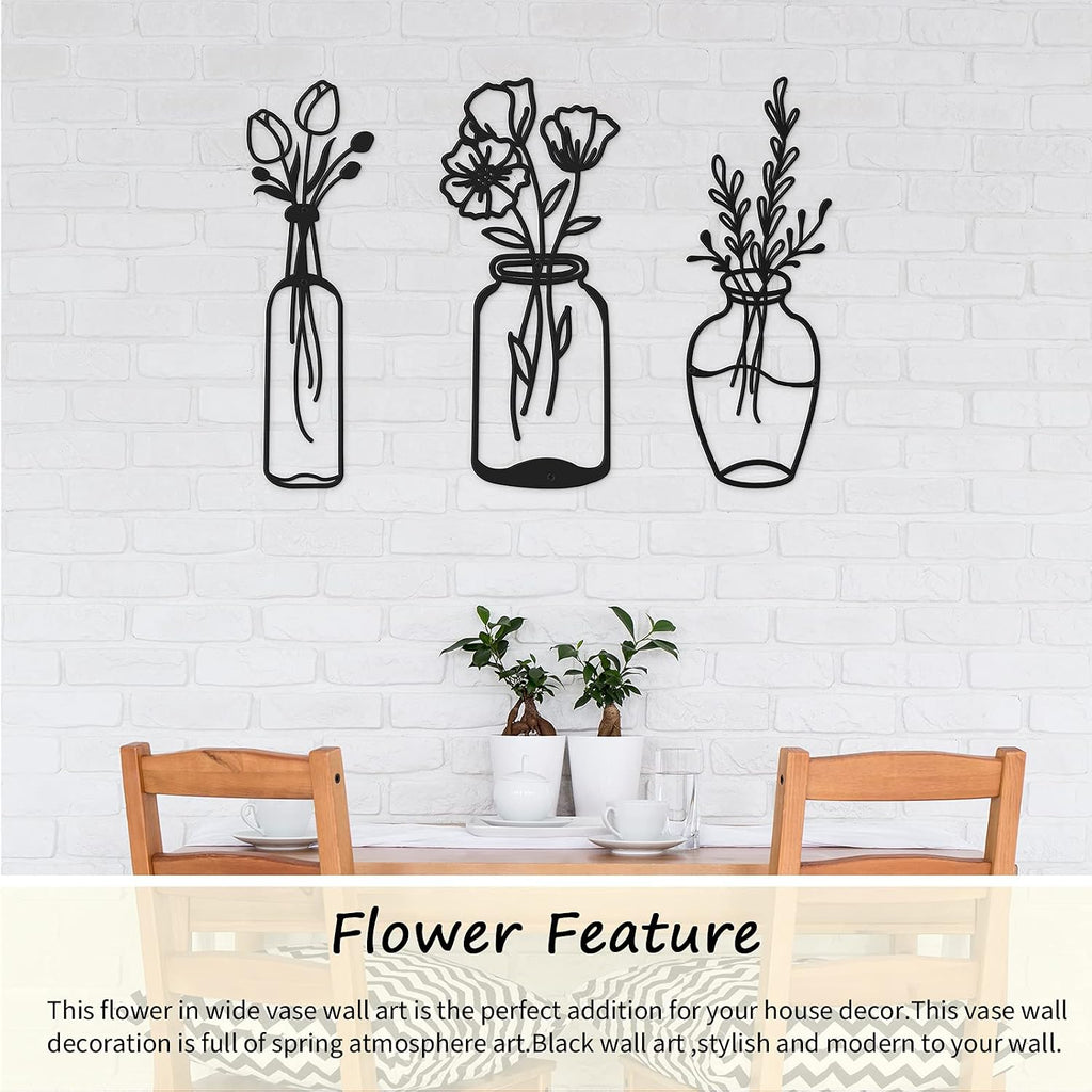 Hotop 3 Pcs Metal Flower Wall Art Decor Rustic Floral Walls Arts Iron Farmhouse Hanging Decor Black Minimalist for Kitchen Bathroom Living Room Housewarming Gift(4.2/4.5/5.5 Inches,Stylish Style)