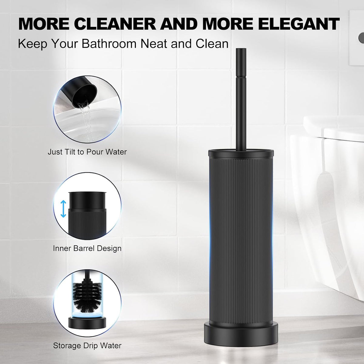 Metal Vertical Grain Toilet Bowl Brush and Holder Set Scrubber Black