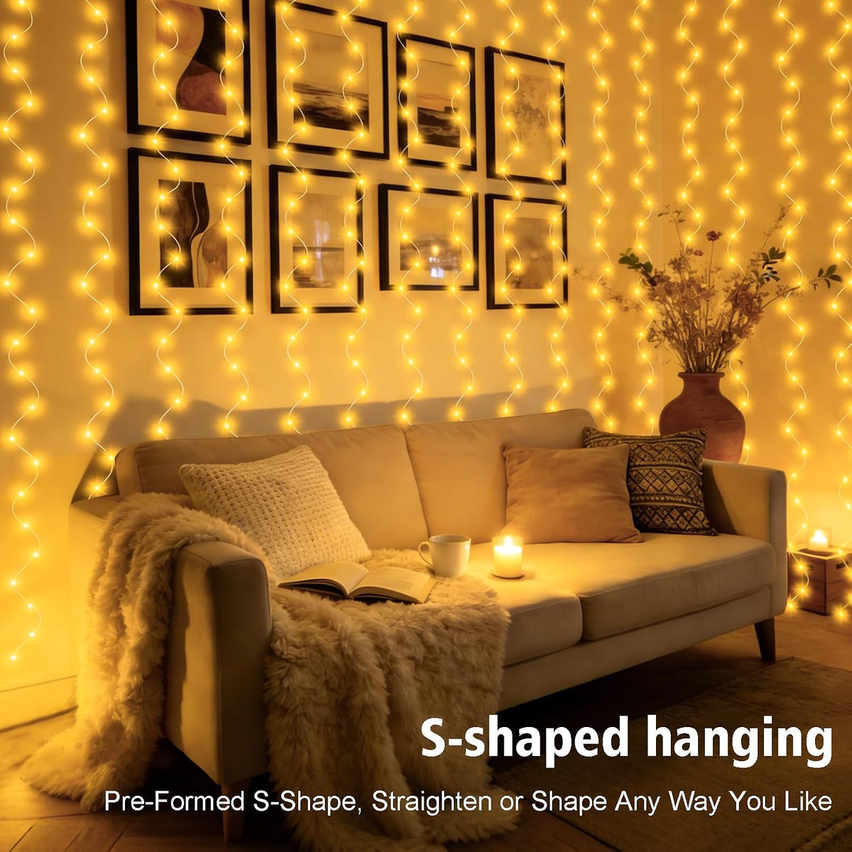 echosari Curtain Lights Battery Operated 9.8 x 9.8Ft with Timer Warm White