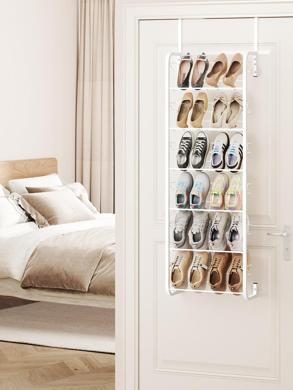 SWTYMIKI Over the Door Shoe Organizer - 6 Tier Wall Mount Shoe Rack for Door Storage- Heavy Duty Metal Hanging Shoes Shelf for Flats, Heels, Sneakers, Boots White