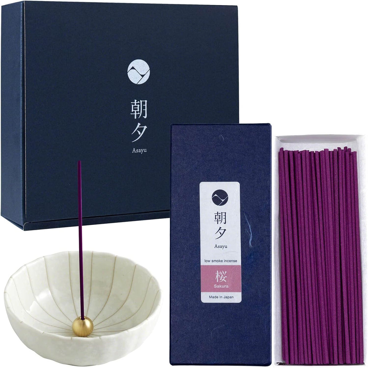 Asayu Japan Sakura Incense Gift Set with White Lotus Holder, Low Smoke