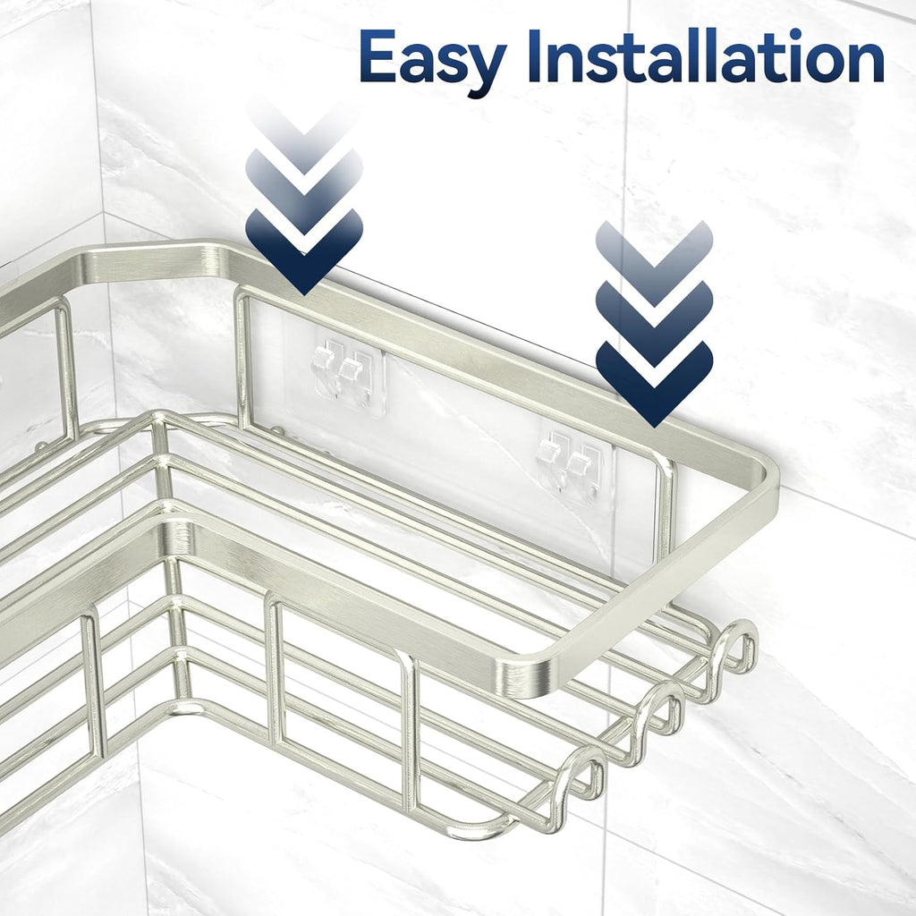 YASONIC Corner Shower Caddy, 3-Pack Adhesive Shower Caddy with Soap Holder and 12 Hooks, Rustproof Stainless Steel Bathroom Organizer, No Drilling Wall Mounted Shower Rack, Nickel