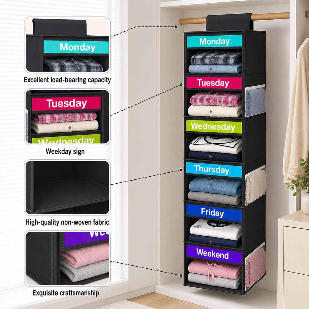 6 Shelf Weekly Clothes Organizer for Kids Days of The Week Outfits(Black)