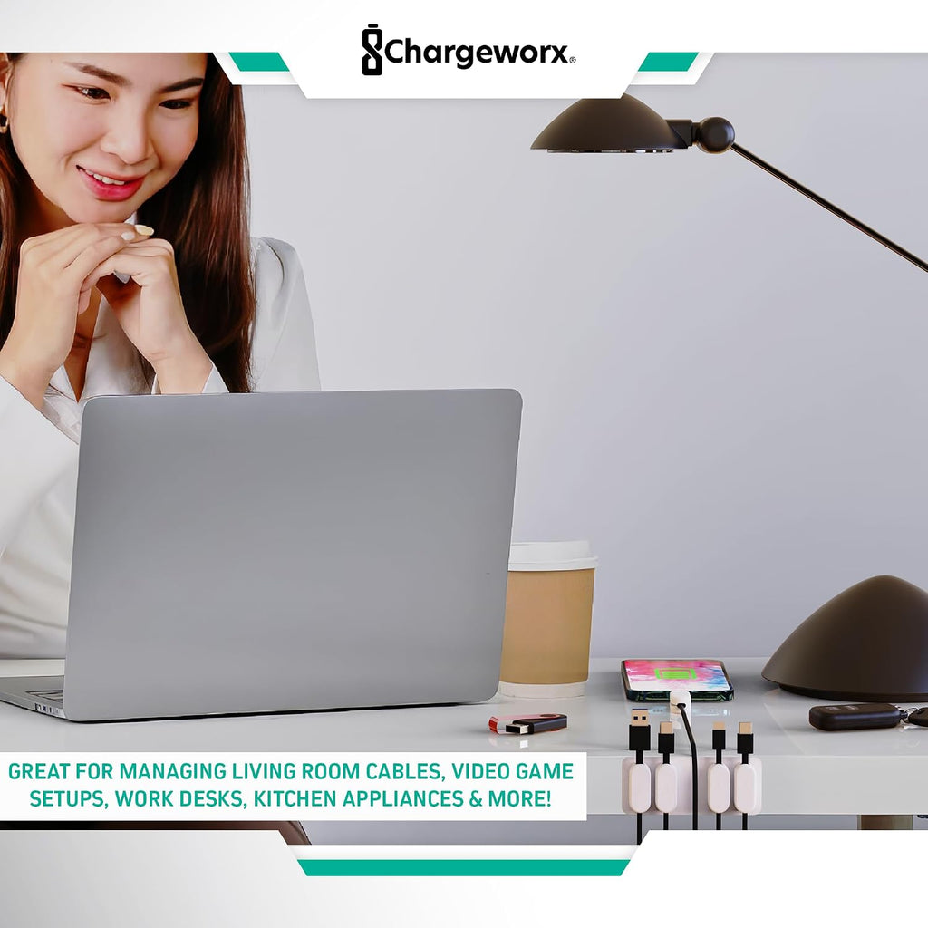 Chargeworx Magnetic Cable Holder Cable Management Multipurpose Desktop Cable Management System, 10-Pack, Great for USB-C, Lightning, Micro-USB & Other Cables Sticks to Any Surface (White - 10 Pack)