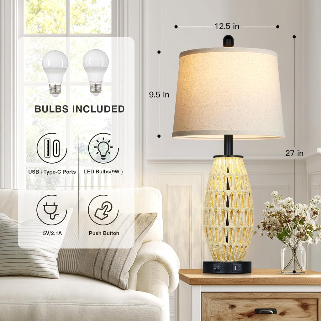 CINSARY 27“ Beige Boho Rattan Table Lamps with Night Light, Natural Bedroom Lamps Set of 2 with USB A+C Charging Ports, Rustic Farmhouse Woven Wicker Bedside Nightstand Lamp for Living Room End Tab