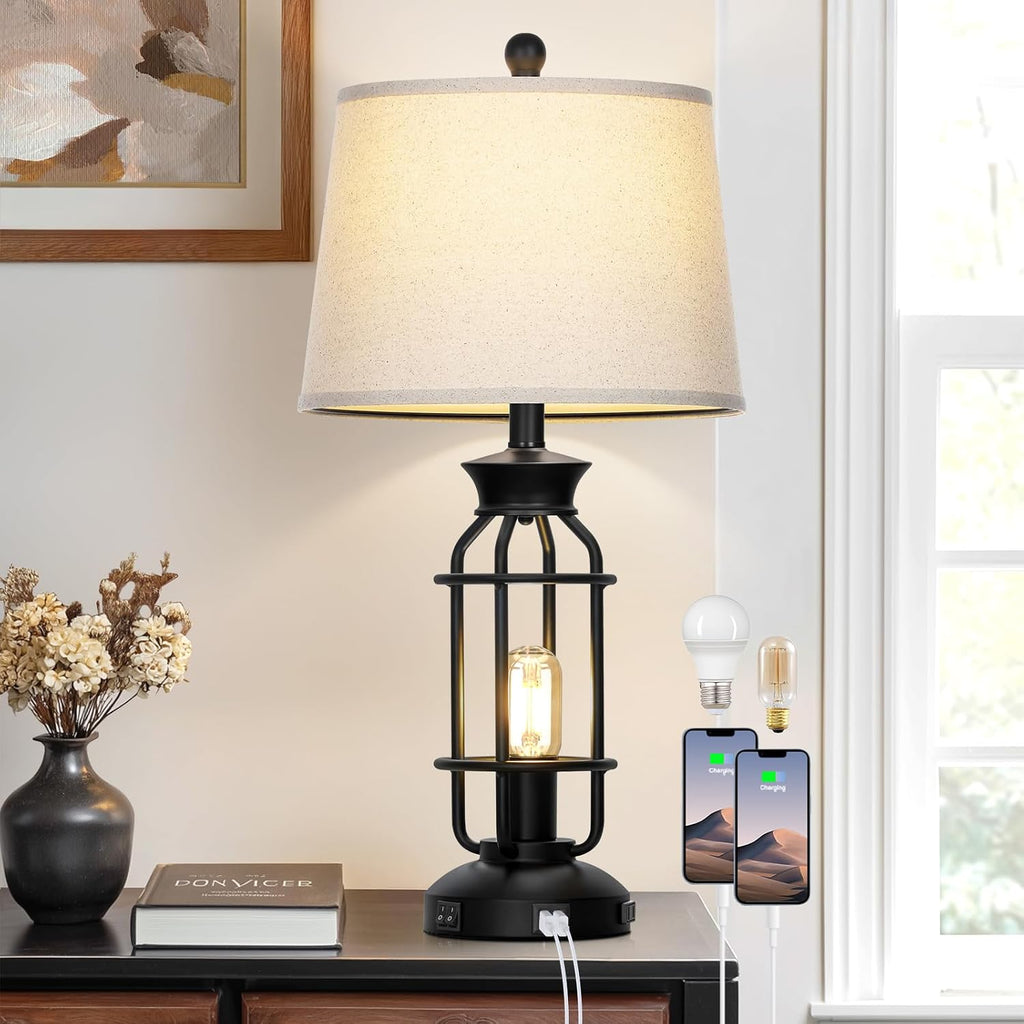 28" Tall Farmhouse Table Lamp for Living Room, Industrial Table Lamp with USB C+A Charging Ports & Outlet, Rustic Vintage Bedside Nightstand Lamp with Night Light for Bedroom End Table Black Single