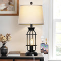 28" Tall Farmhouse Table Lamp for Living Room, Industrial Table Lamp with USB C+A Charging Ports & Outlet, Rustic Vintage Bedside Nightstand Lamp with Night Light for Bedroom End Table Black Single