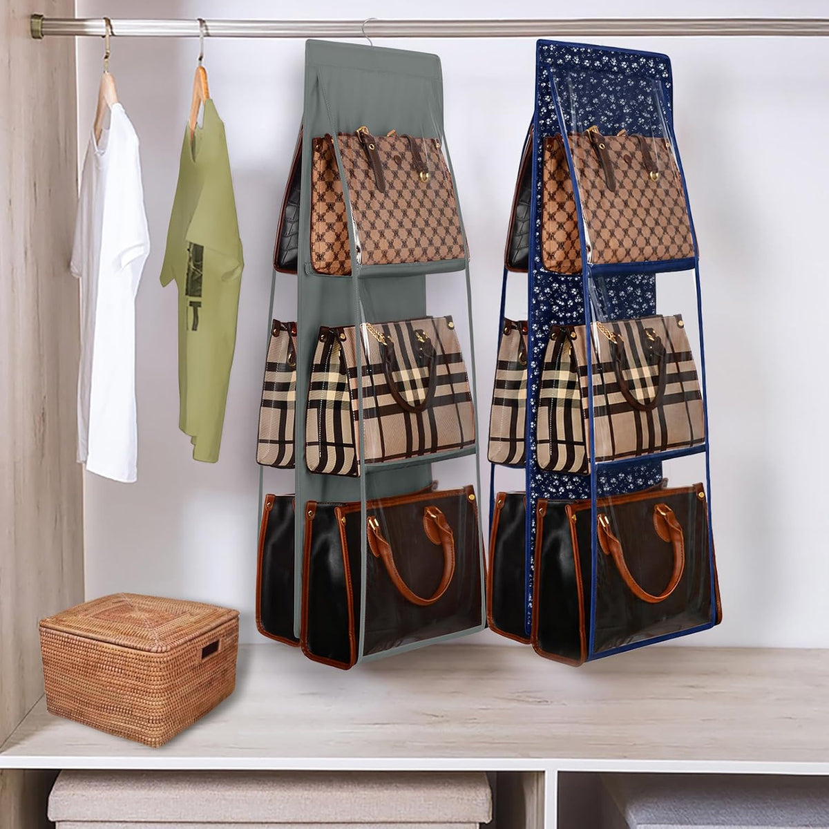 Lirex Medium and Large Handbag Hanging Purse Storage Organizer, Oxford Cloth Closet for Bedroom, Foldable and Universal Fit, Blue White Floral