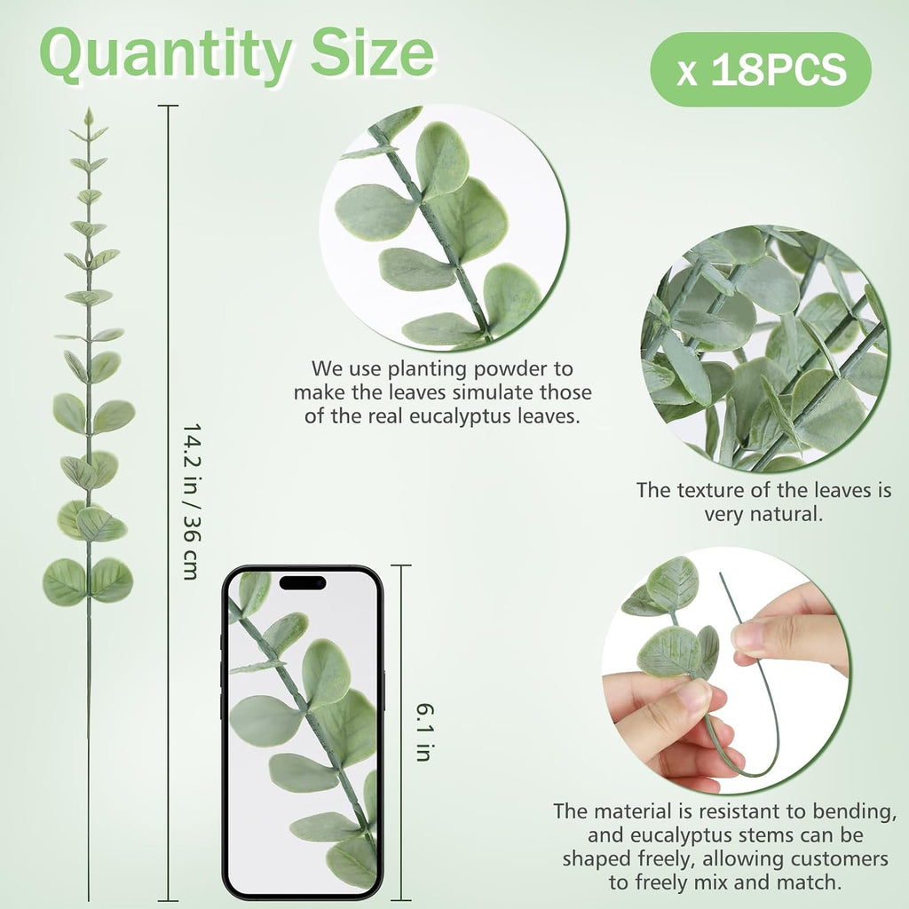 18pcs Eucalyptus Stems Greenery Stems Fake Green Leaves Artificial Dried Flowers Bouquet Faux Branches Centerpiece Flores Plants for Home Party Decor Wedding Decoration
