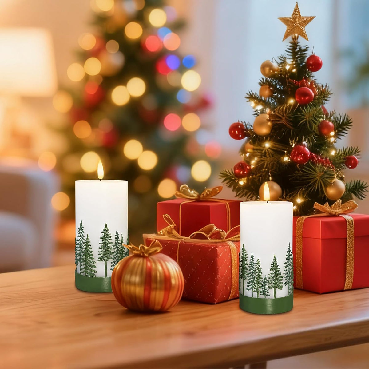 Holiday Flameless Candles Green Hand Drawn Christmas Tree Design with Remote Control, Flickering Real Wax Christmas LED Candles - Home Party Bathroom Room Xmas Decorations - Set of 2