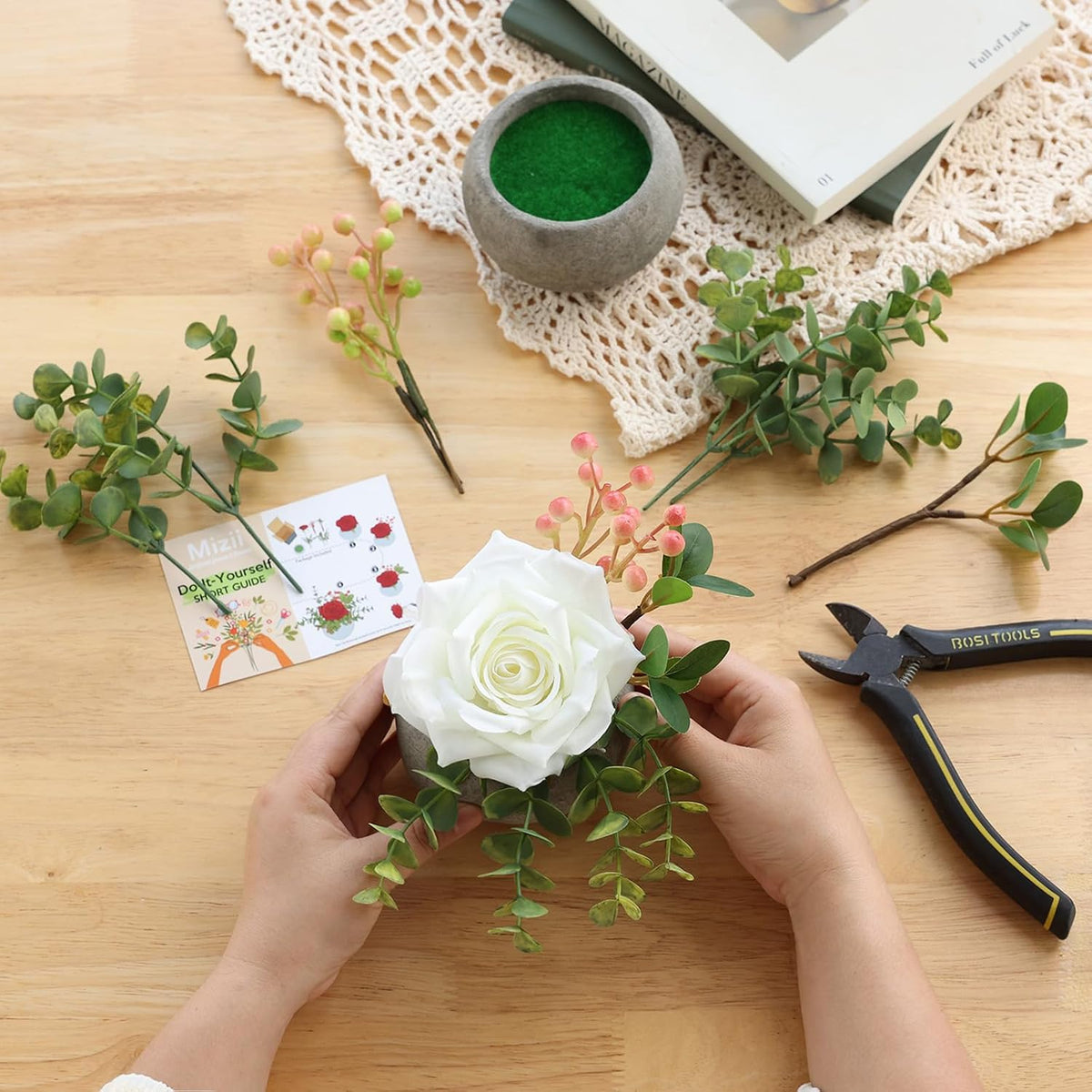 mizii DIY Small Artificial Flowers Potted Kit Fake Flower Realistic Silk Rose and Greenery with Vase for Gifts Table Centerpiece Mantle Office Desk Shelves Living Room Decorations (White)