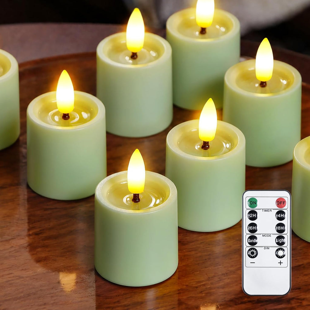 12pcs LED Battery Operated Remote 1.6" x2.5" Tea Lights with Melt Pool Effect, Timer Flickering Sage Green Plastic Flameless Votive Small Tealight Candles for Table Centerpiece Decor