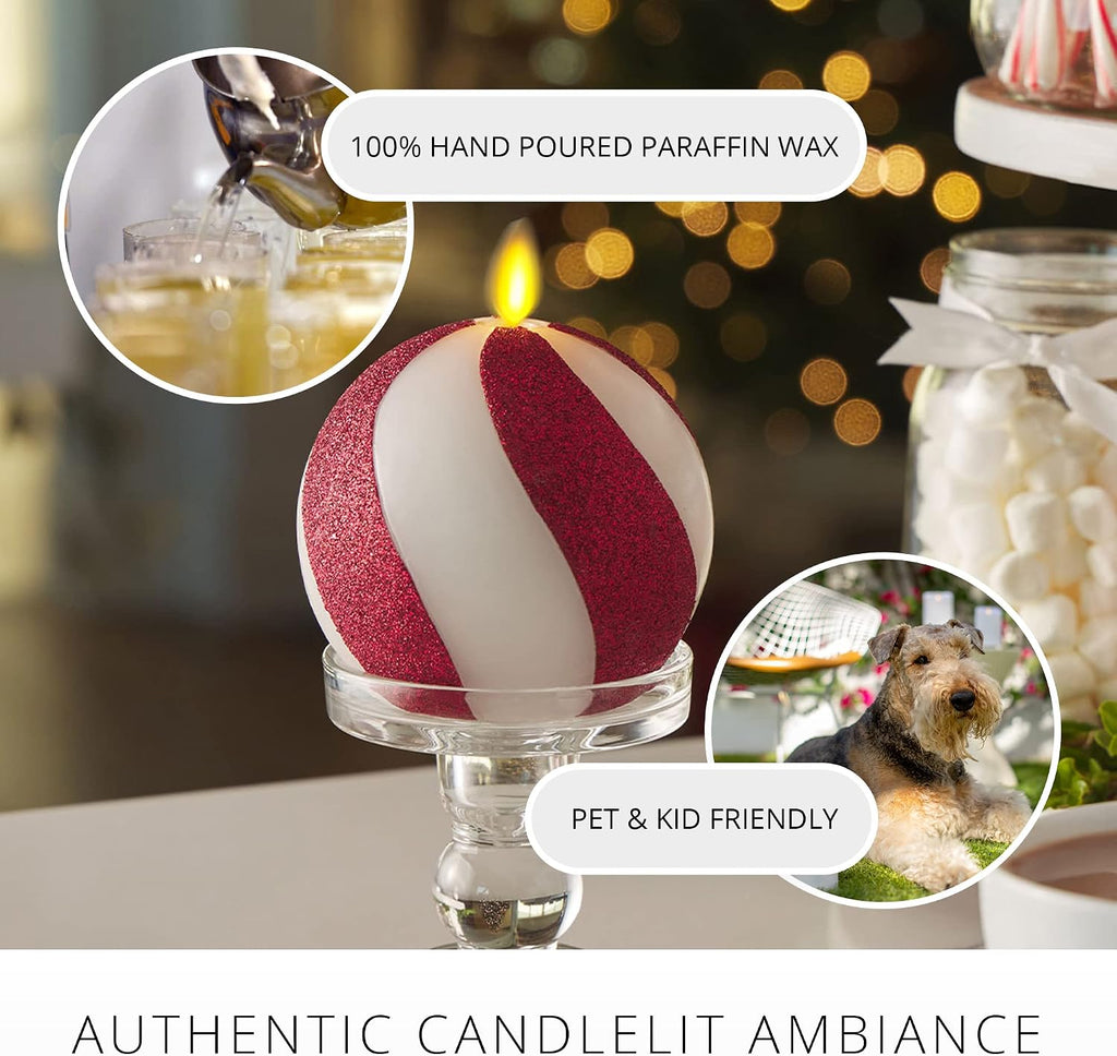 Luminara - Flameless Holiday Crystal Beads Glitter Sphere Candle - Candy Cane Red - Pack of 1-4x4.25 - Auto Timer Built-in 5-Hour Timer Indoor Use