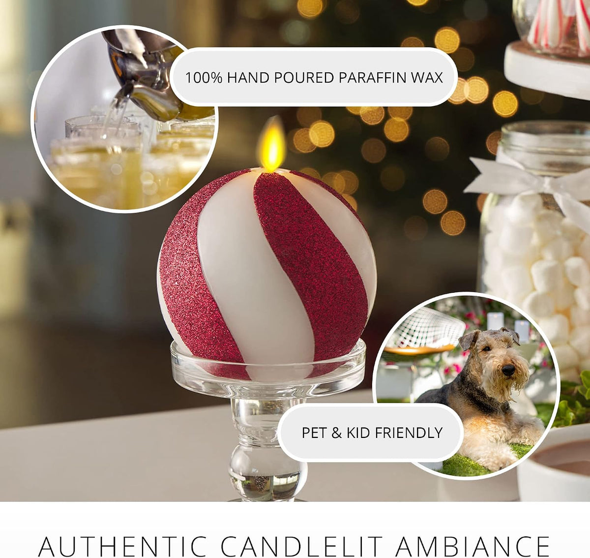 Luminara - Flameless Holiday Crystal Beads Glitter Sphere Candle - Candy Cane Red - Pack of 1-4x4.25 - Auto Timer Built-in 5-Hour Timer Indoor Use