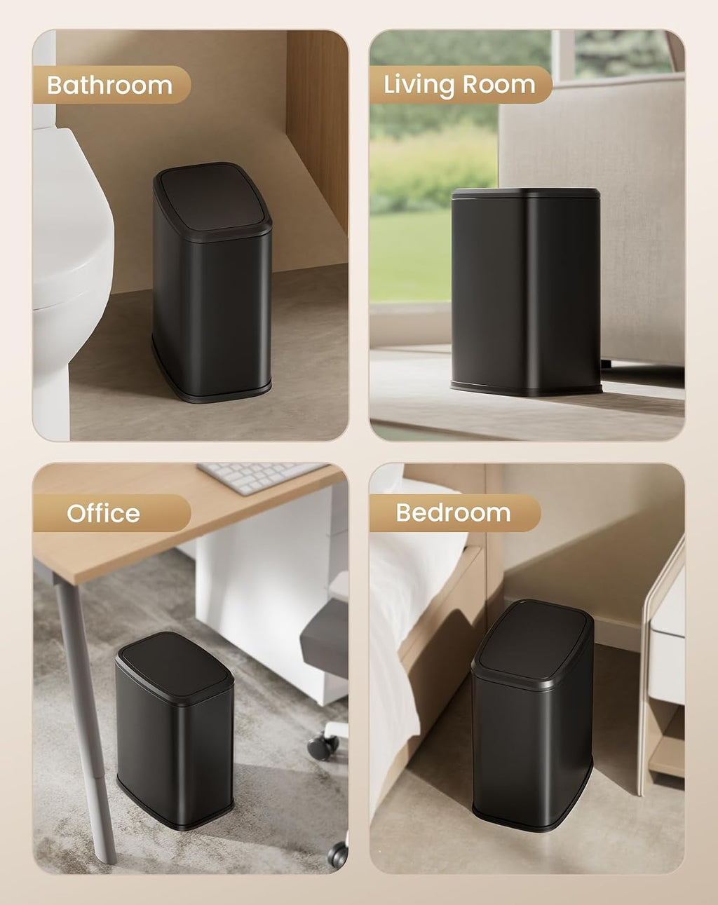 Cesun Small Bathroom Trash Can with Swing Lid, 2.1 Gallons, Black