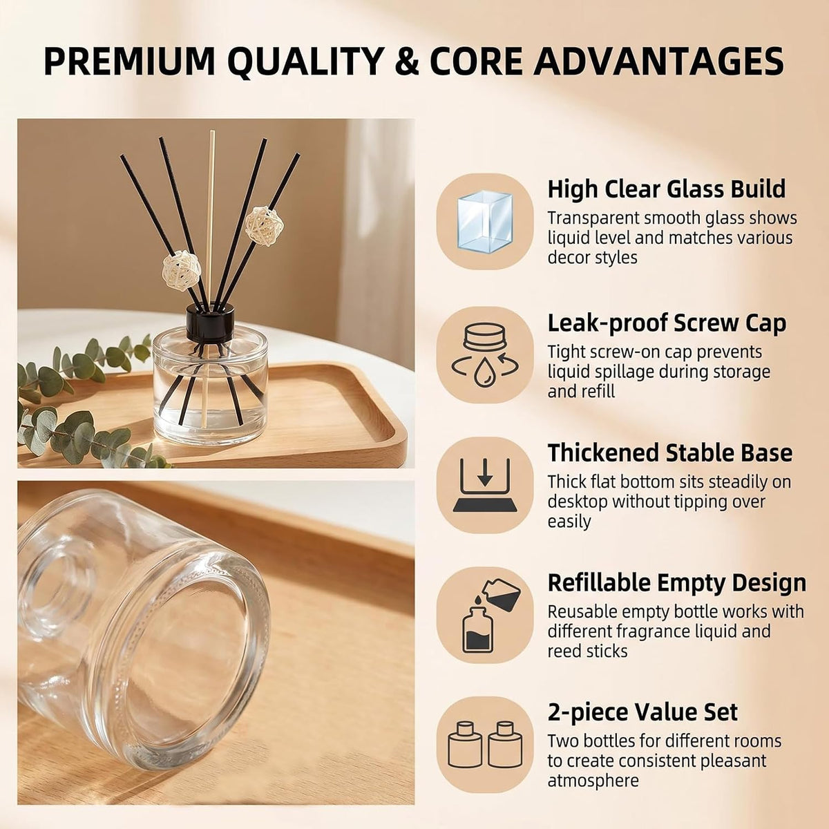 Set of 2 Glass Essential Oils Diffuser Bottles Fragrance Bottle Jars Containers for DIY Replacement Reed Diffuser Sticks Sets Essential Oils Crafts Decor (50ML Black Cap)