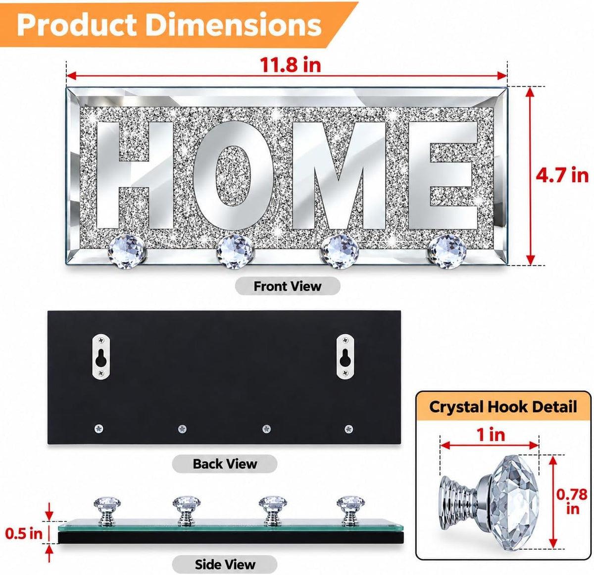 SHYFOY Mirrored Key Holder for Wall, Silver Home Sign with 4 Crystal Hooks
