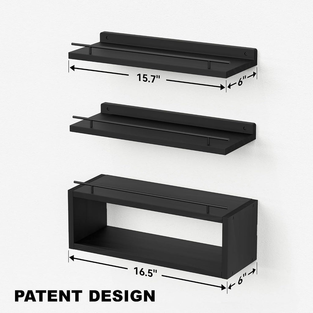 WOPITUES Floating Shelves for Wall with Cube Shelf, Wall Shelves with Metal Rail for Bathroom Decor, Bathroom Organizers and Storage, Over Toilet Shelves for Toilet Paper-Black (Pack of 2)