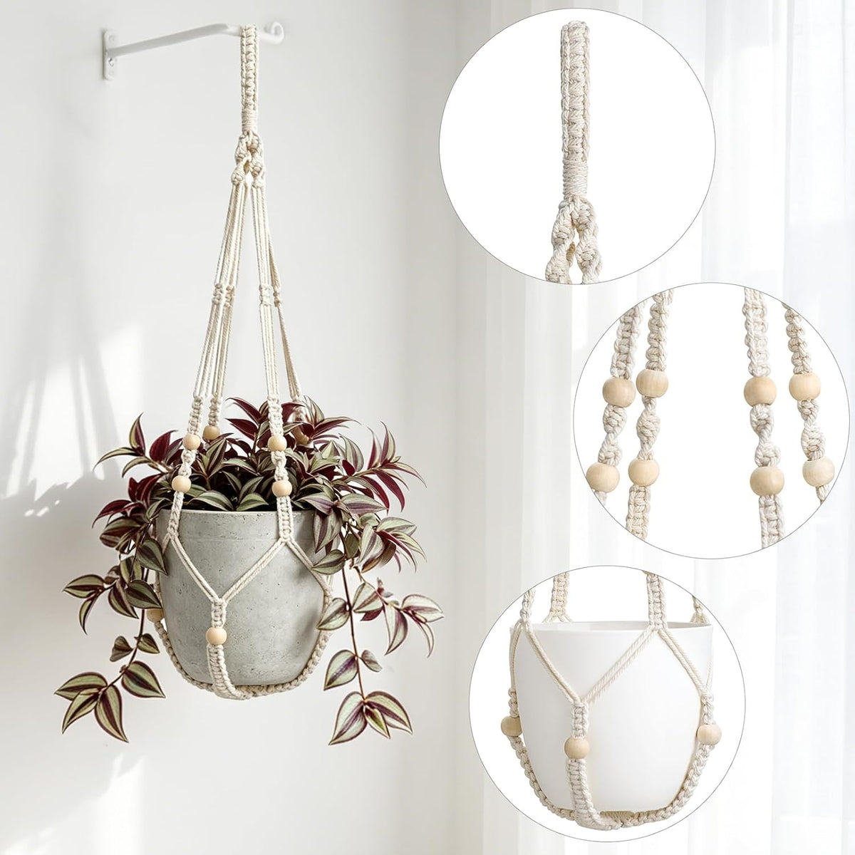 Mkono Macrame Plant Hanger Indoor, 29 Inch Hanging Planter Holder Ivory