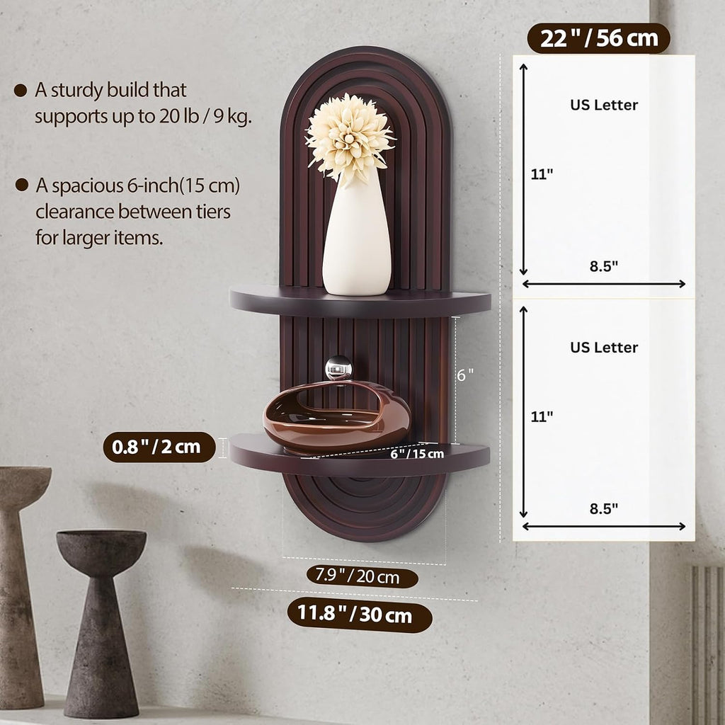 Wood Arched Floating Wall Shelf, Modern Wall Art Trinket Shelf Dark Brown