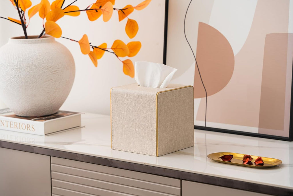 Ukwell Square Tissue Box Cover Linen-Textured Faux Leather Tissue Holder with Gold Trim Neutral Modern Home Decor Piece for Home & Office