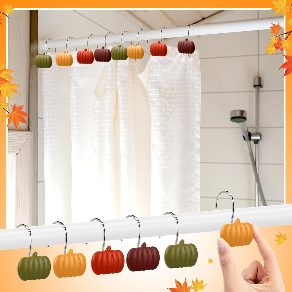 Yungyan 12 Pcs Fall Shower Curtain Hooks, Pumpkin Shower Hangers