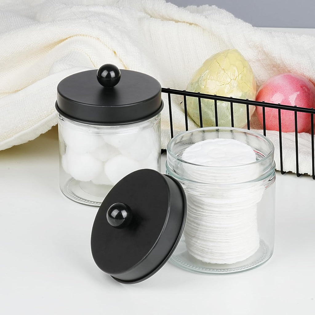 SheeChung Glass Mason Jar Qtip Holder, Black Stainless Steel Lids, 1 Pack