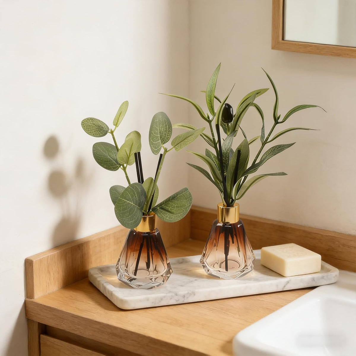 2Pcs Empty Reed Diffuser Brown Glass Bottle Set with Artificial Plant Decor