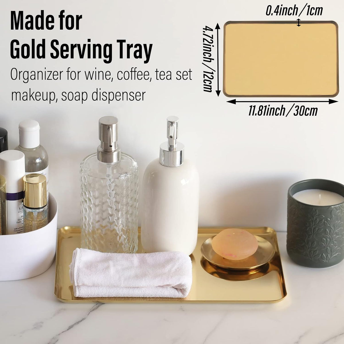 FREELOVE Rectangle Metal Decorative Serving Tray, Perfume Organizer Candle Towel Makeup Jewelry Organization Dresser Vanity Counter Coffee Table Desk Preppy Room Decor, Mirror Gold, 12''X7.9''