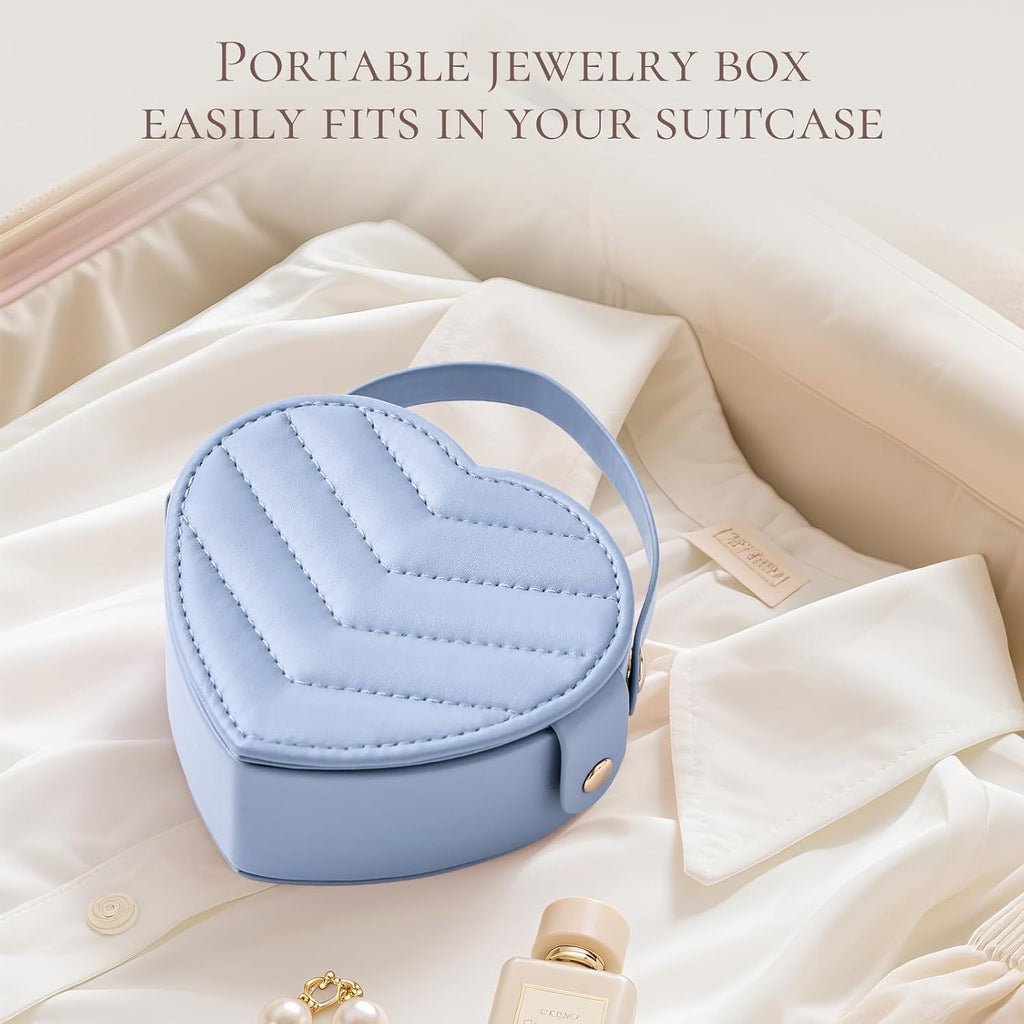 CASEGRACE Small Travel Jewelry Case, Elegant Heart Shaped Design with Detachable Handle,Portable Jewelry Organizer Box for Necklace Rings Earrings,Jewelry Storage for Women Girls (Blue)