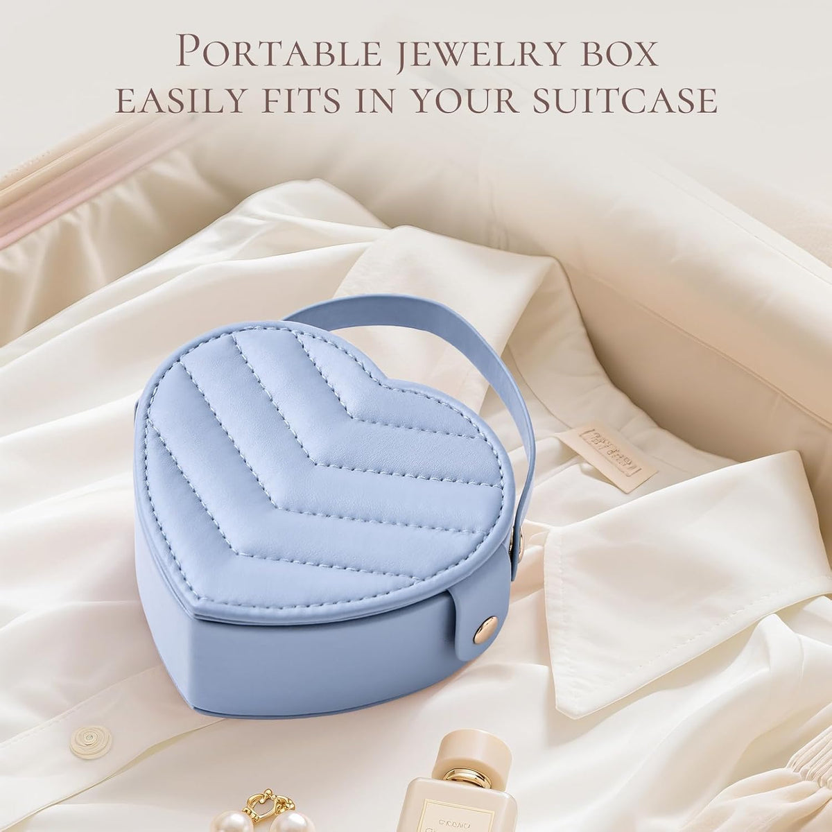 CASEGRACE Small Travel Jewelry Case, Elegant Heart Shaped Design with Detachable Handle,Portable Jewelry Organizer Box for Necklace Rings Earrings,Jewelry Storage for Women Girls (Blue)