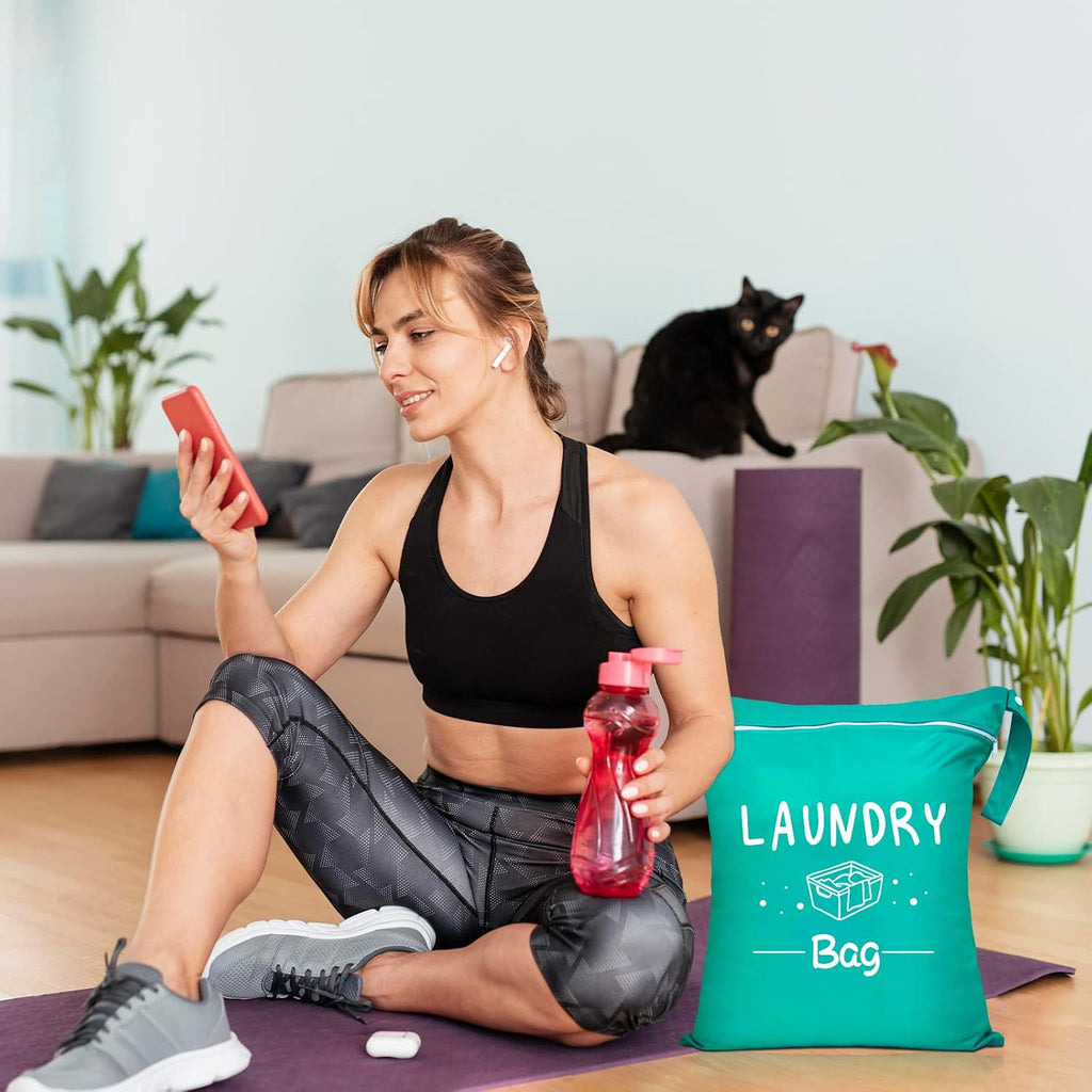 2 Pcs Large Travel Laundry Bags - Waterproof Wet/Dry, Washable, Drawstring, Bathing Suit, Workout, Gym Clothes, Swimming, Yoga - Green, Grey