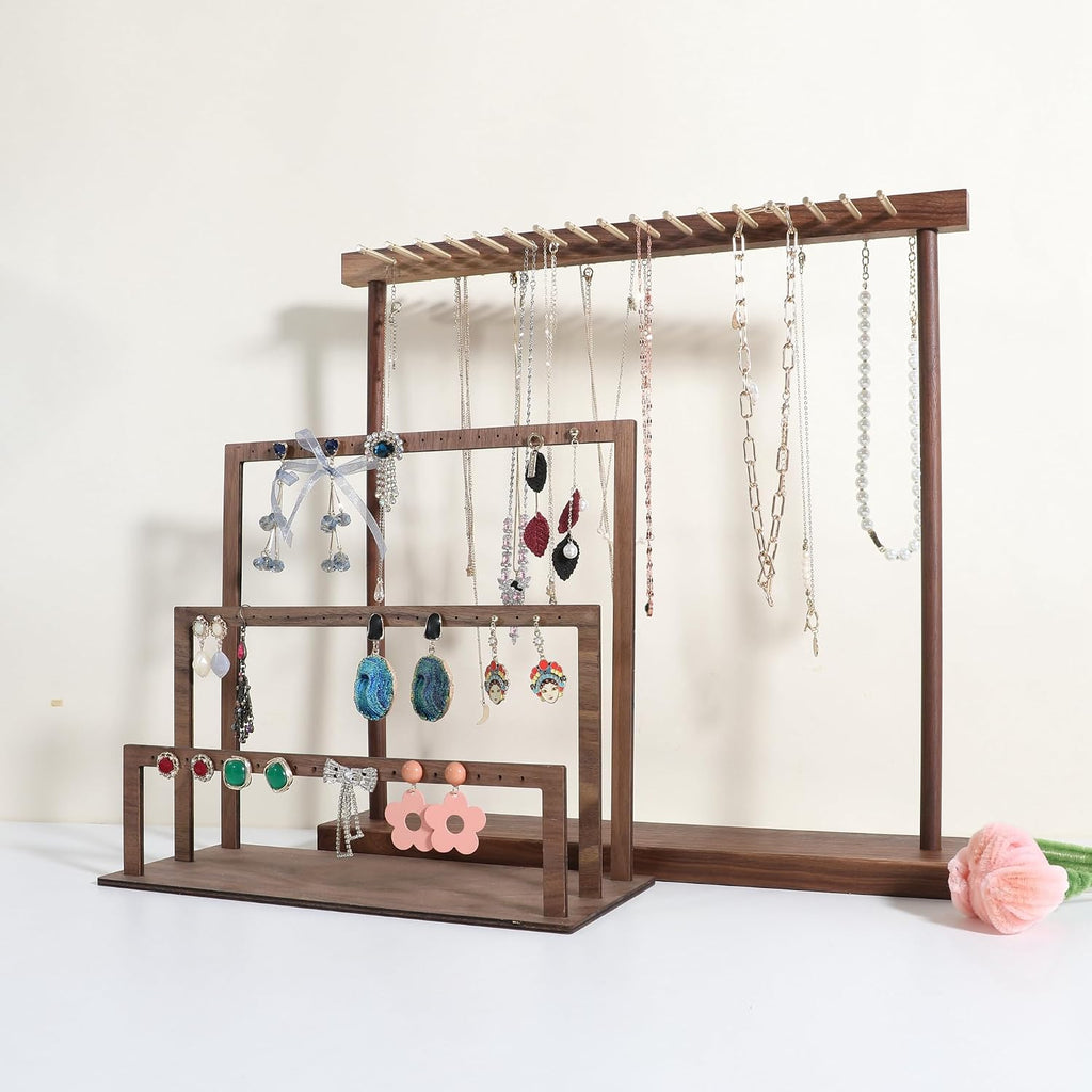 Large necklace hanger shelf with 17 copper bars, Wooden jewelry storage organizer rack for hanger necklace bracelet, necklace display stand for boutique store【Walnut】