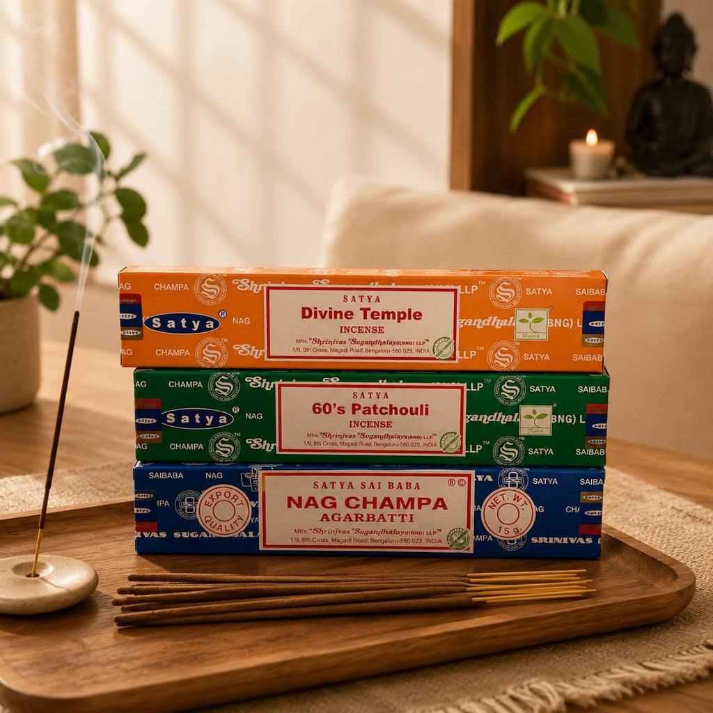 Satya Holistic Mix Incense Sticks 3-Pack Assortment | Slow-Burning, Long-Lasting Nag Champa, 60's Patchouli & Divine Temple (15g Each)